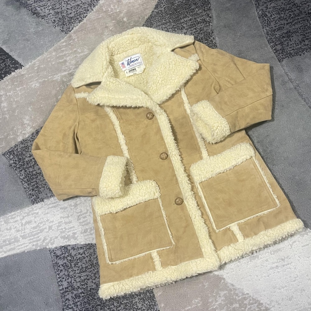 VTG Wiman Faux Shearling Coat Women Medium Tan Faux Suede Western Penny Lane USA
